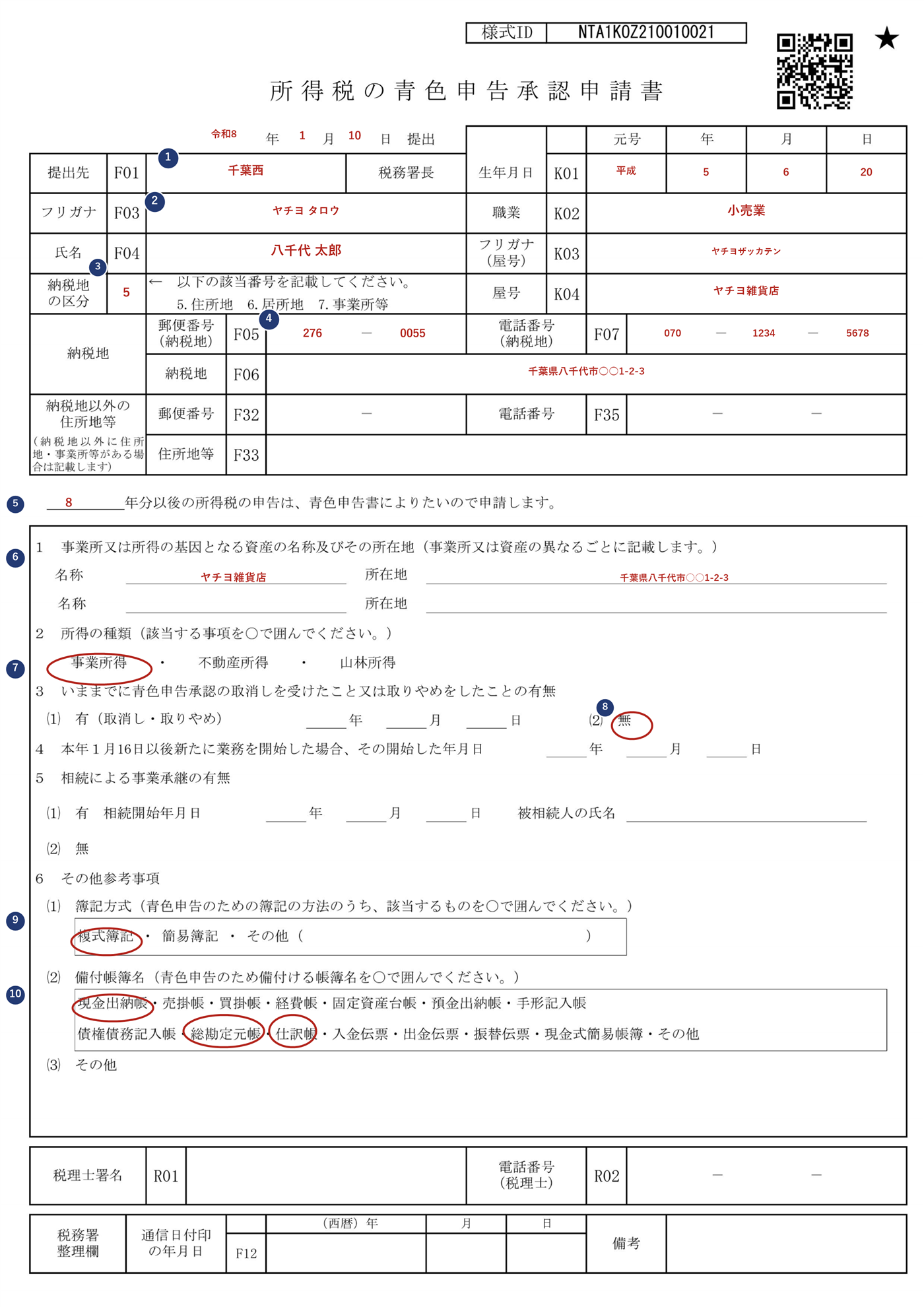 所得税の青色申告承認申請書の記載例(番号付き、氏名・住所等は架空の情報)